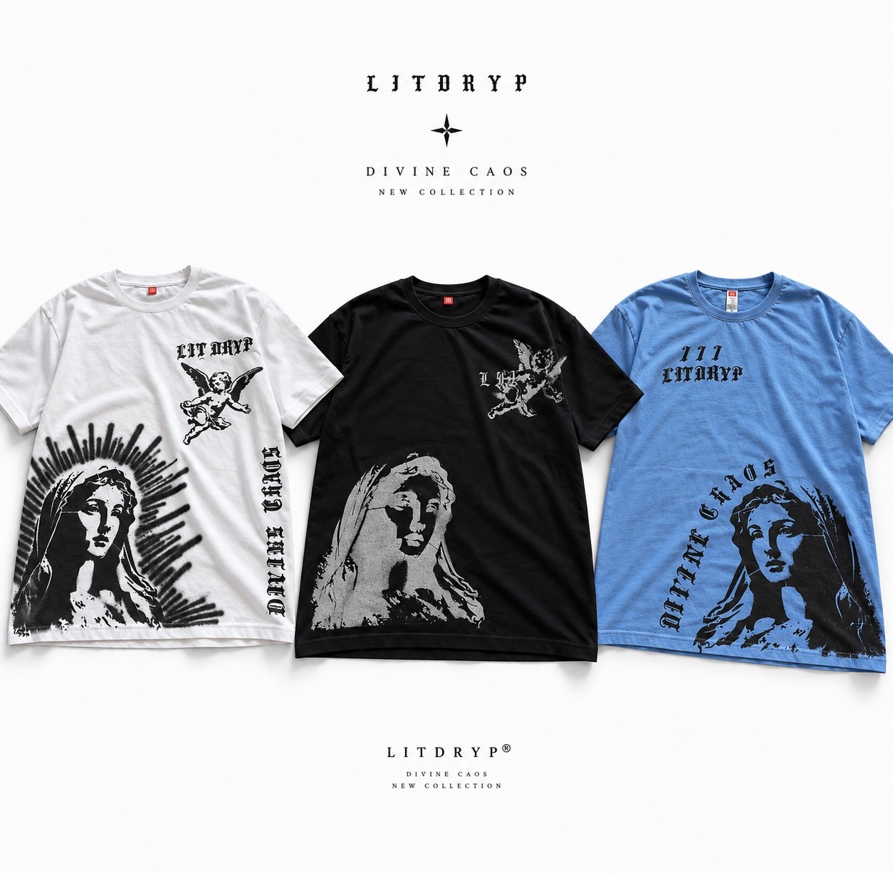 Poleras Divine Chaos en blanco, negro y celeste